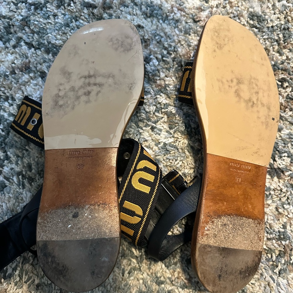 Miu Miu Black and Gold Logo Strap Tan Leather Sandals - Picture 3 of 7